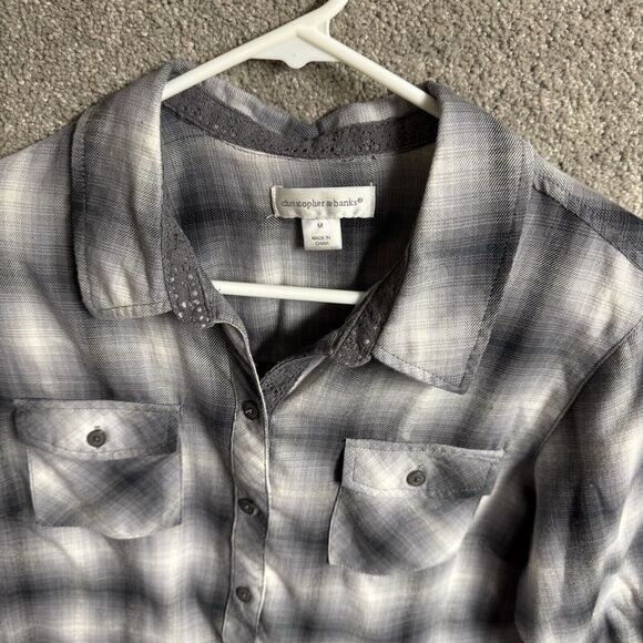 Christopher & Banks Top Womens Medium Plaid Roll-tab Sleeves Cottagecore Coastal - Picture 5 of 11